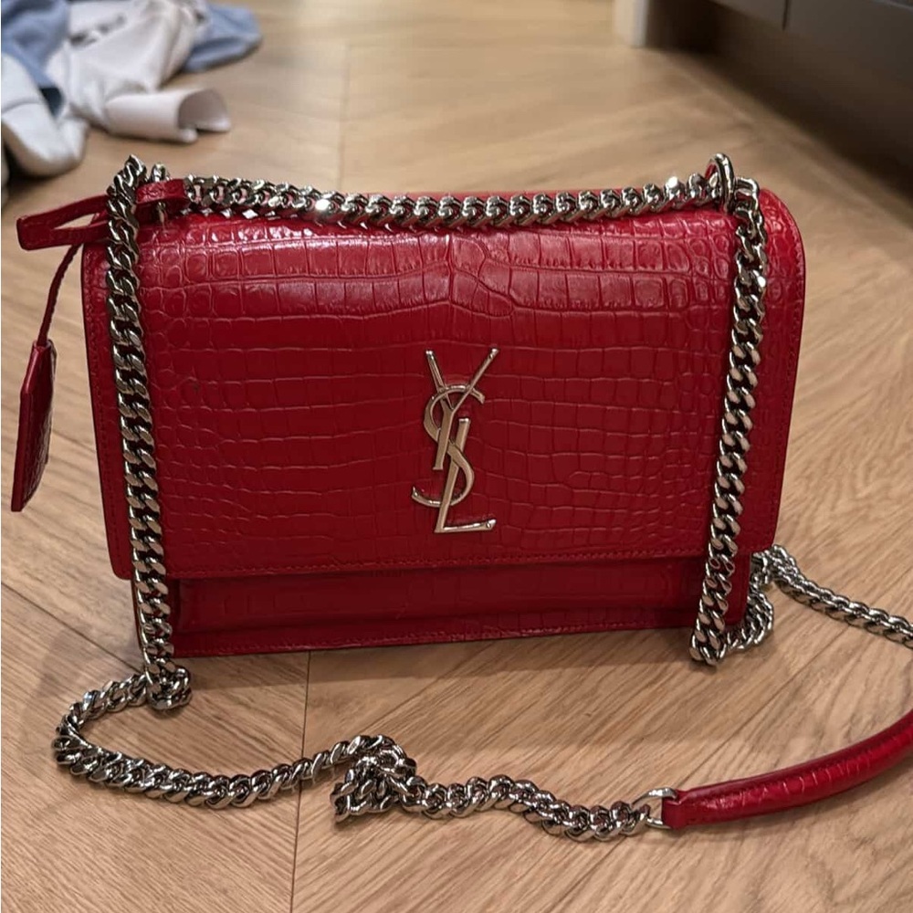 Saint Laurent Red Croc-Embossed Sunset Bag - Picture 2 of 8
